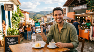 Um homem feliz segura um smartphone mostrando o aplicativo Zavu em uma mesa com Pão de Queijo e café. Ele está em uma rua charmosa de uma cidade histórica de Minas Gerais, com um mercado de rua ao fundo e montanhas distantes, exemplificando a descoberta de lugares incríveis com o Zavu.