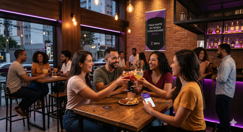 Ambiente de um happy hour exclusivo, com a iluminação roxa e a identidade visual da Zavu integradas organicamente na cena para reforçar a ideia de comunidade e encantamento dos clientes.
