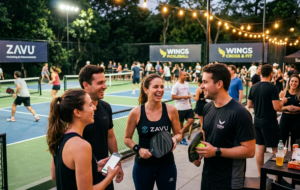 Grupo de pessoas sorrindo e conversando em um evento de relacionamento da Zavu na quadra de Pickleball.